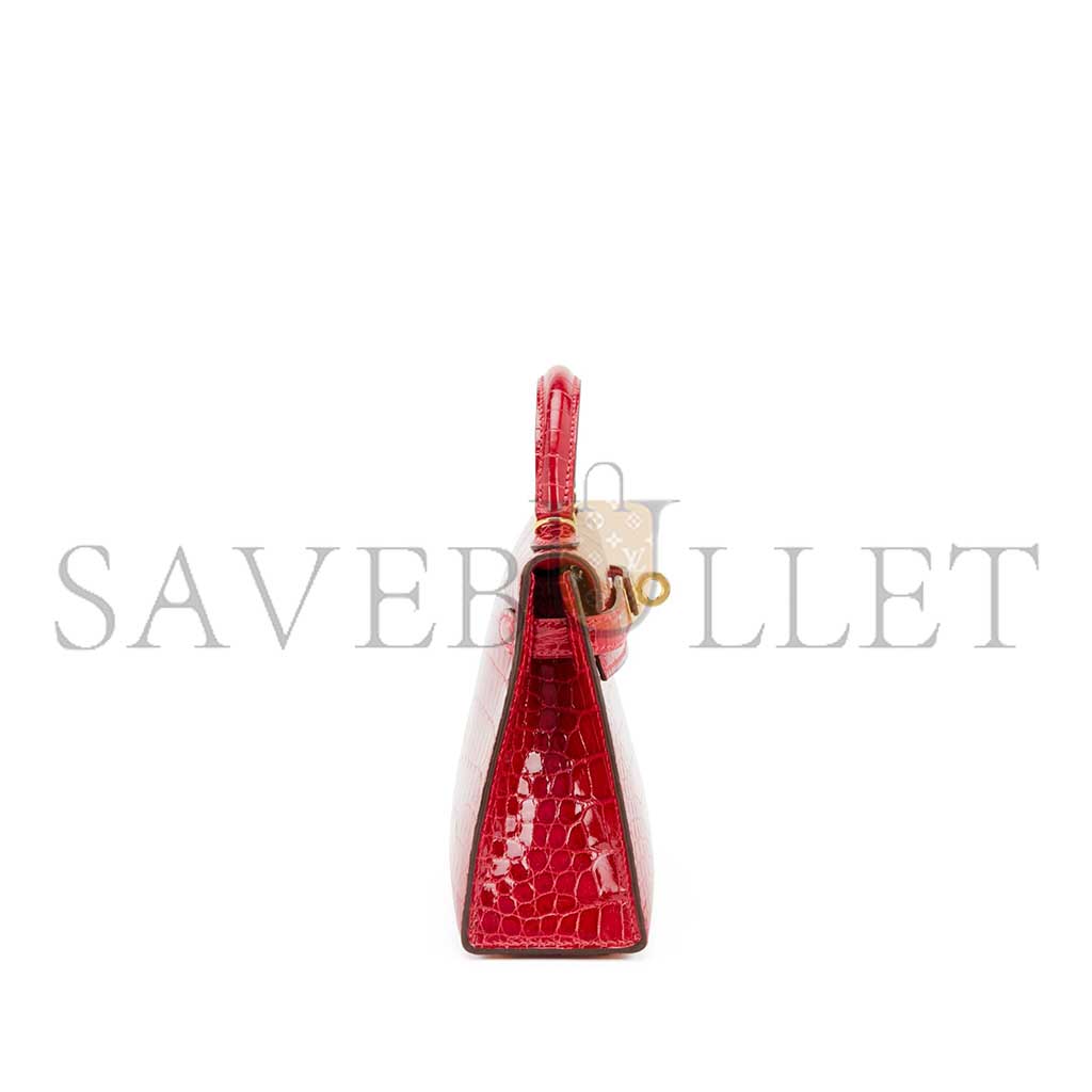 HERMÈS MASTER MINI KELLY II SHINY CROCODILE LEATHER FERRARI RED GOLD BUCKLE (19*12*5.5cm)